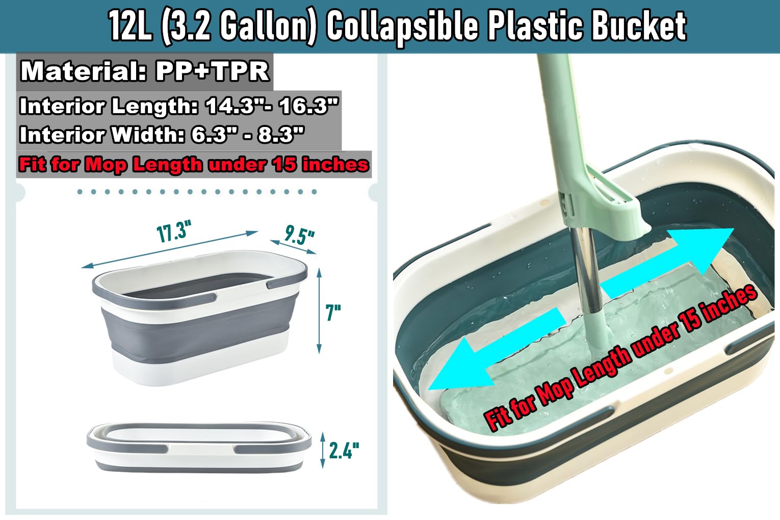 Collapsible Mop Bucket Basin Tub with Handle and Wheels
