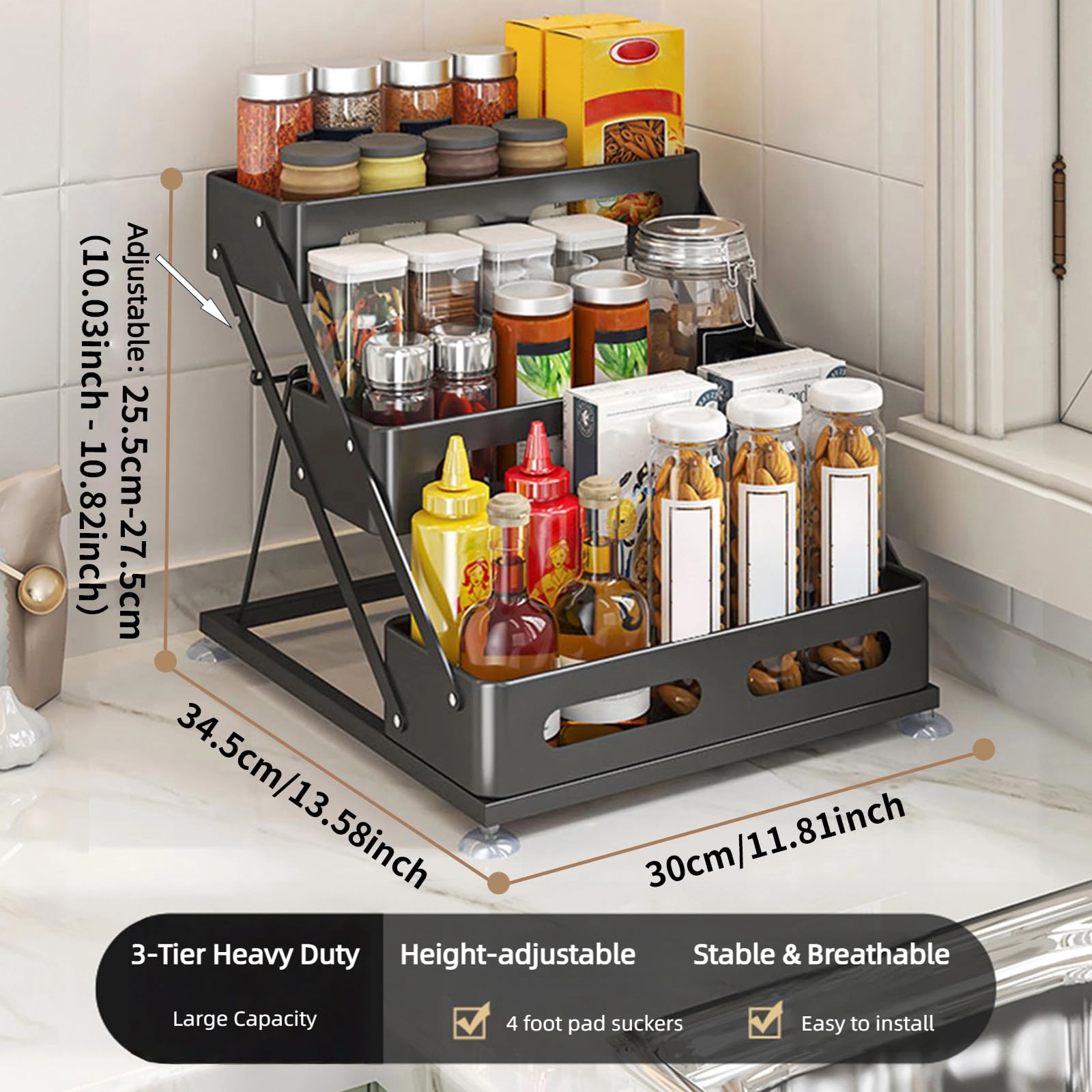 Spice Rack for Countertop 3 Tier Foldable Seasoning Organizer Jars Storage Holder Step Shelf for Cabinet Kitchen Black
