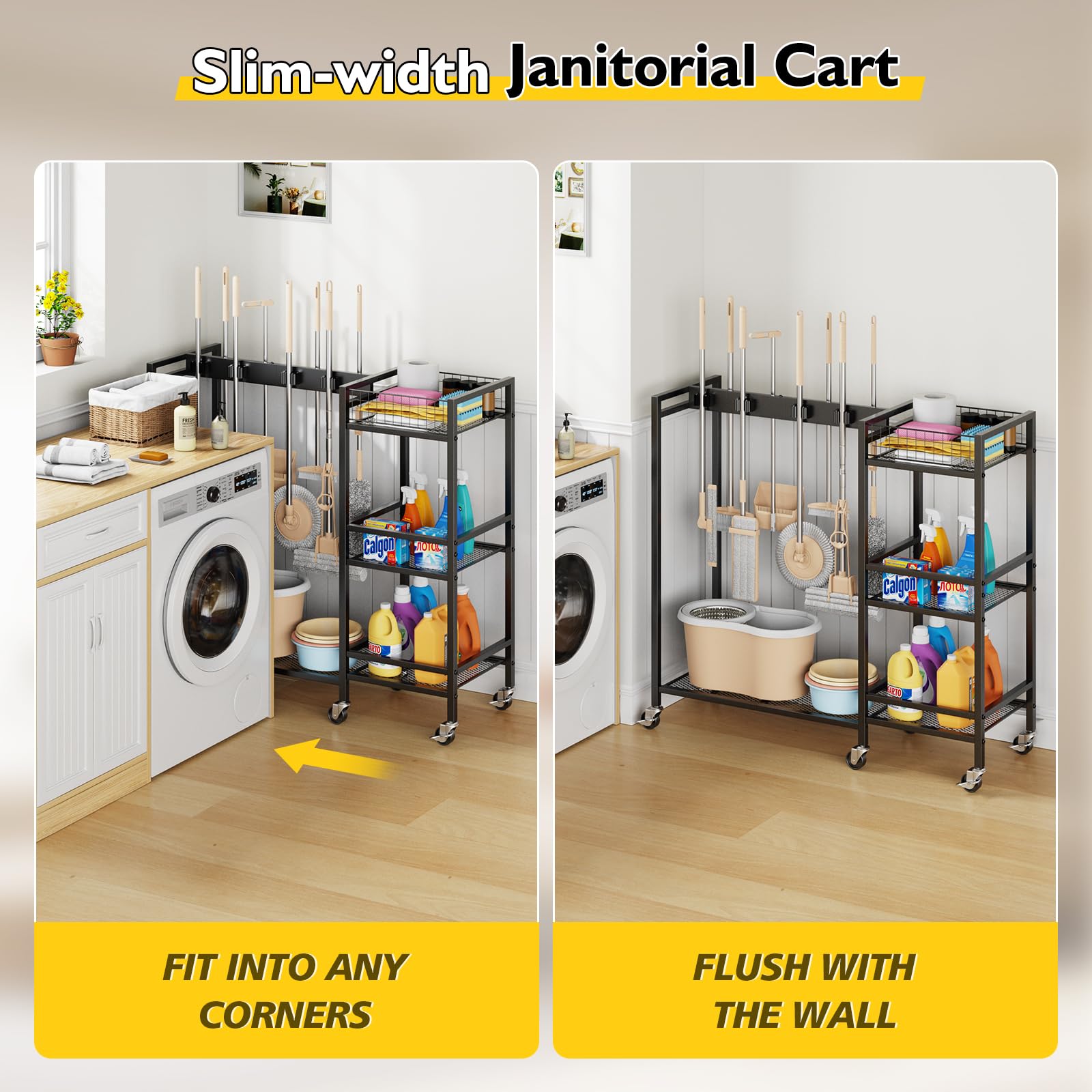 Broom Holder with Cleaning Supplies Organizer
