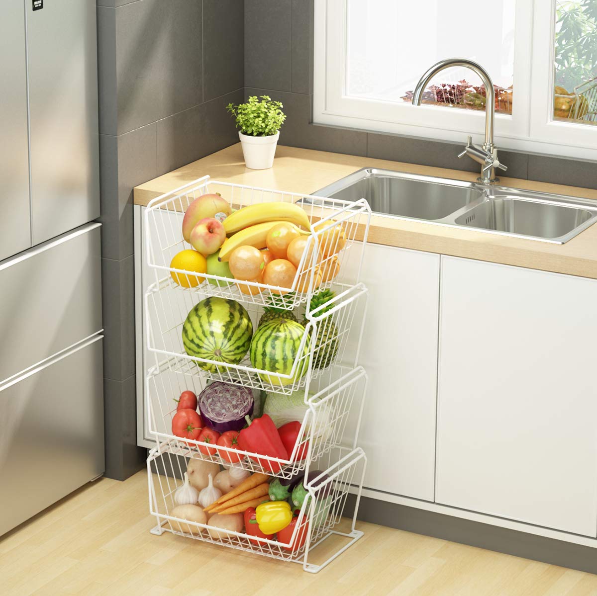 4 Tier Large Stackable Wire Storage Baskets with Wheels