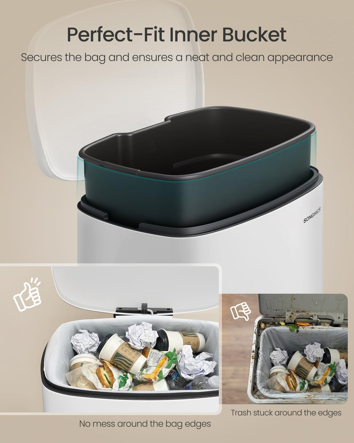 20-Gallon (75 L) Trash Can, Stainless Steel Kitchen Garbage Can, Recycling or Waste Bin, Soft Close, Step-On Pedal, Removable Inner Bucket, White ULTB075WZ01