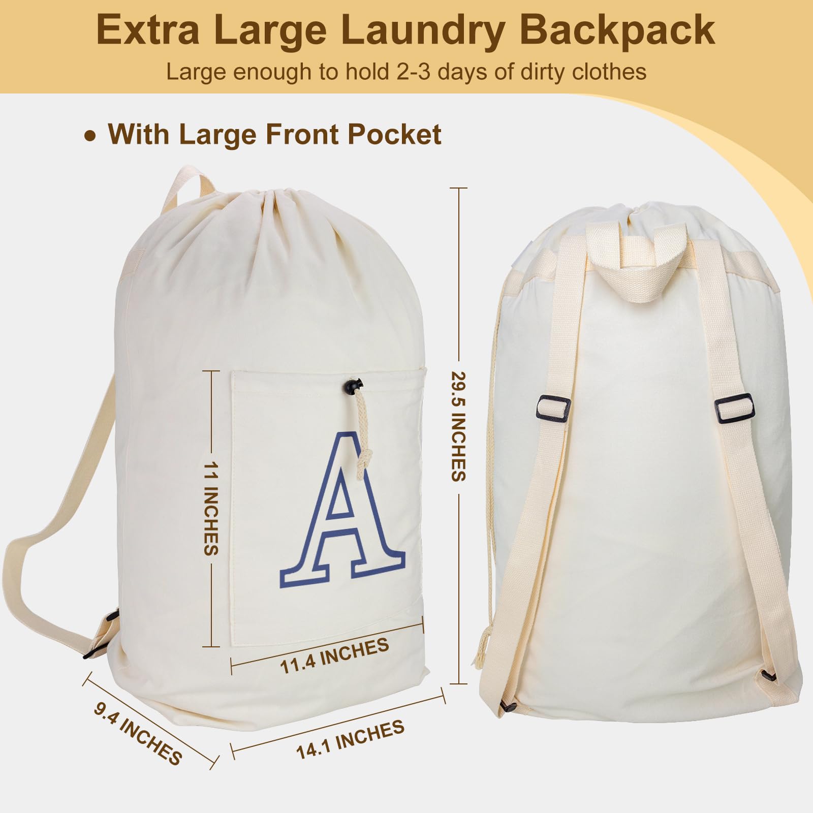 Laundry Bag Backpack Personalized Initial Design Canvas Laundry Bag with Straps & Drawstring Closure Dirty Cloth Hamper Bag for College