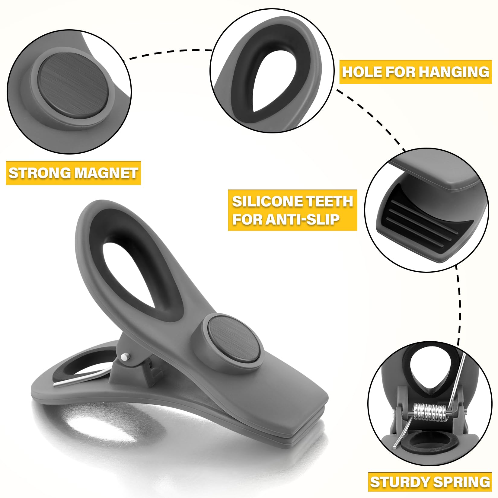 10PCS Magnetic Chip Clips Airtight Seal Reusable Grey Bag Clips for Food Storage Heavy Duty Plastic Food Clip for Refrigerator (10 Count)