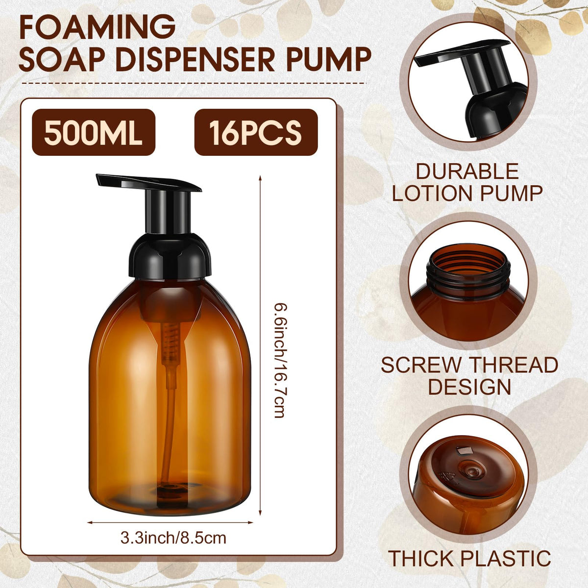 16 Pcs 17 oz Amber Foaming Soap Dispenser Refillable Foam Pump Bottle Liquid Plastic Container for Kitchen Bathroom Commercial Concentrated or Regular Shampoo Body Wash Dish Liquid Soap (16 Count)