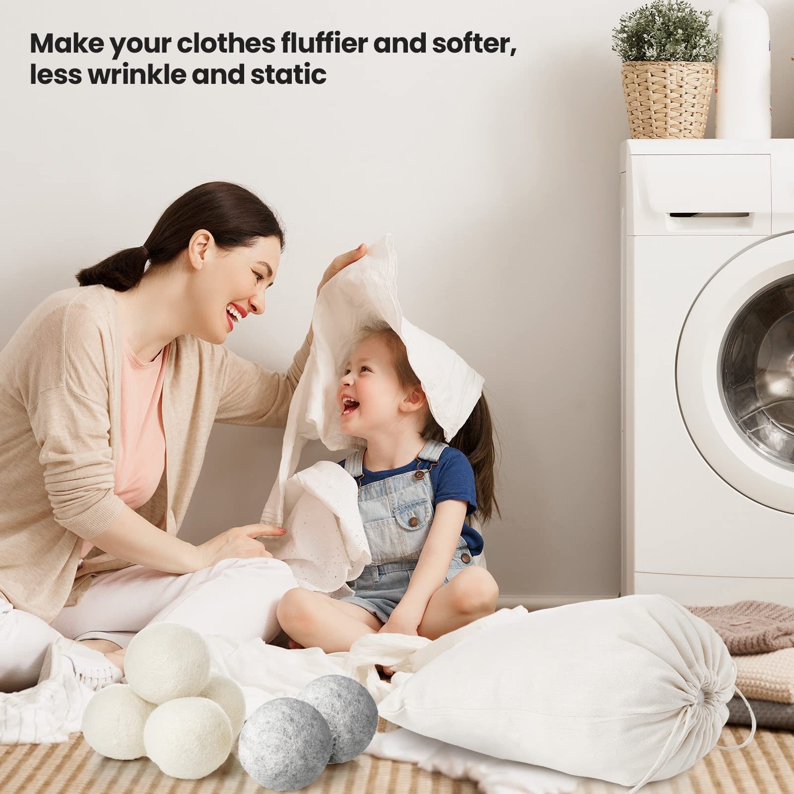56 Pieces Wool Dryer Balls Set 54 Reusable Wool Balls with 2 Muslin Bags Wool Laundry Balls Fabric Softener Ball Anti Wrinkle Anti Static Saving Energy and Time (56 Count)