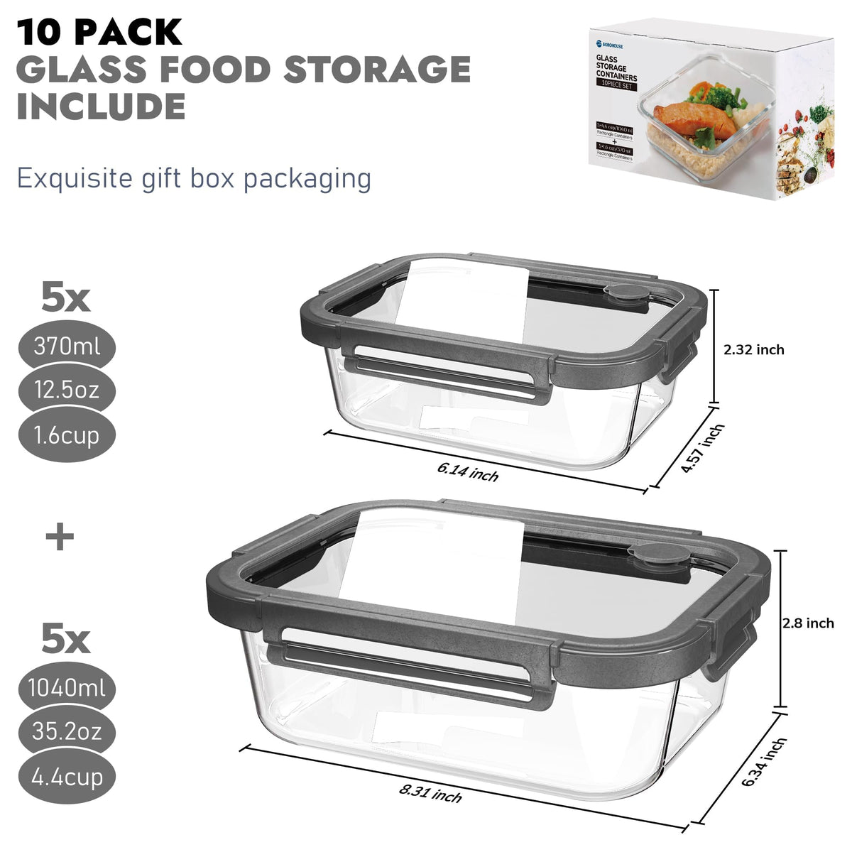 10 Pack Glass Food Storage Containers with Tempered Glass Lids (10 Count)