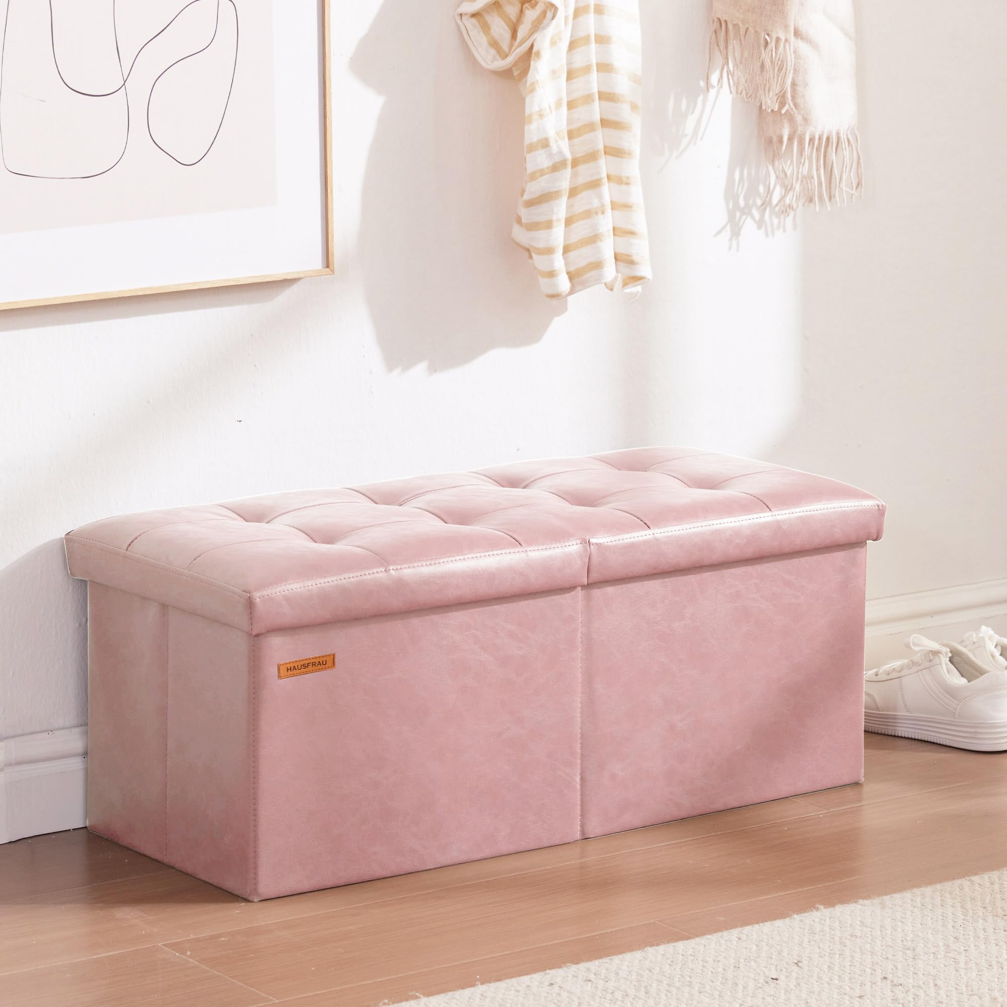 Ottoman with Storage Bench Folding Foot Rest Baby Pale Pink
