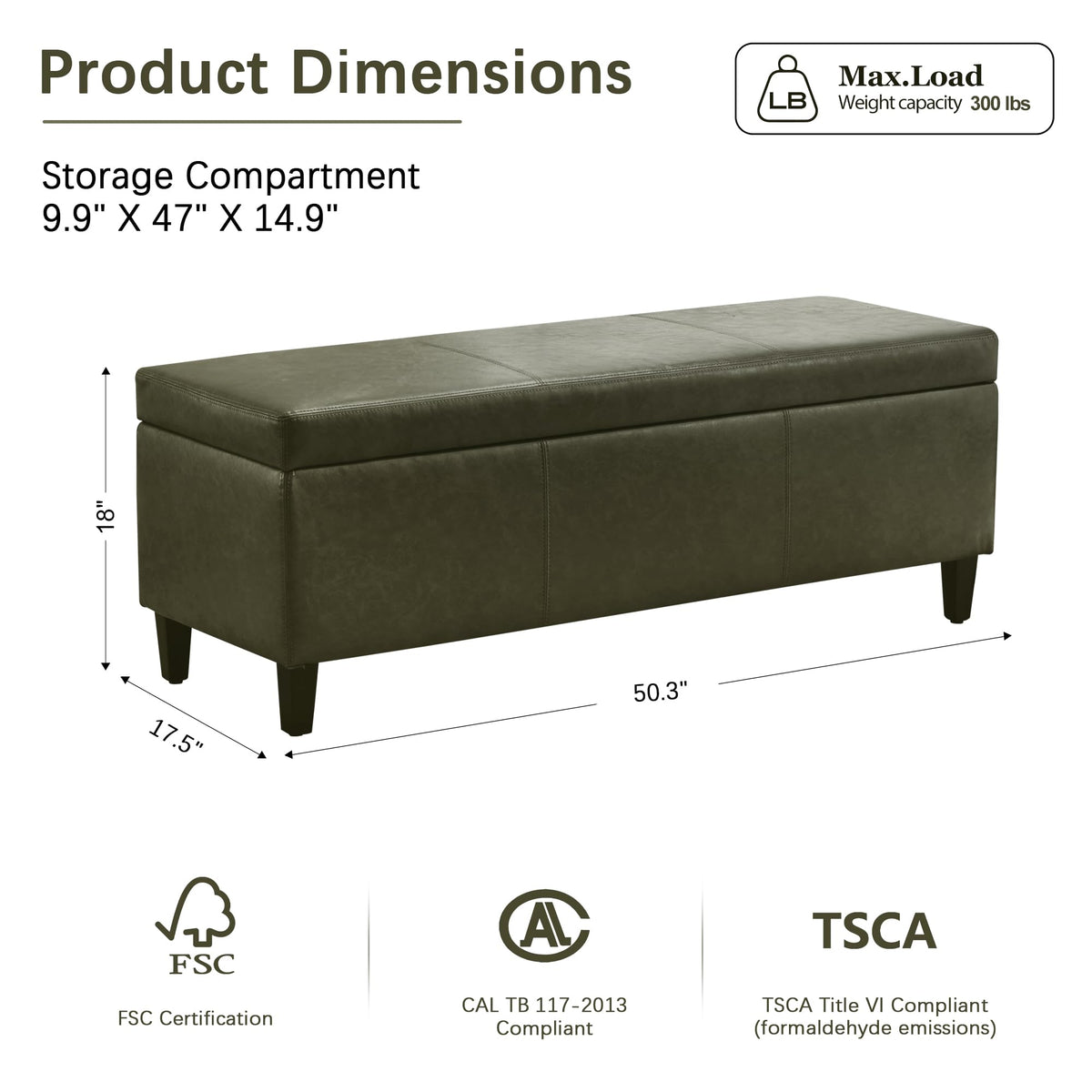 Storage Ottoman Bench 50.3" Faux Leather Upholstered End of Bed Bench