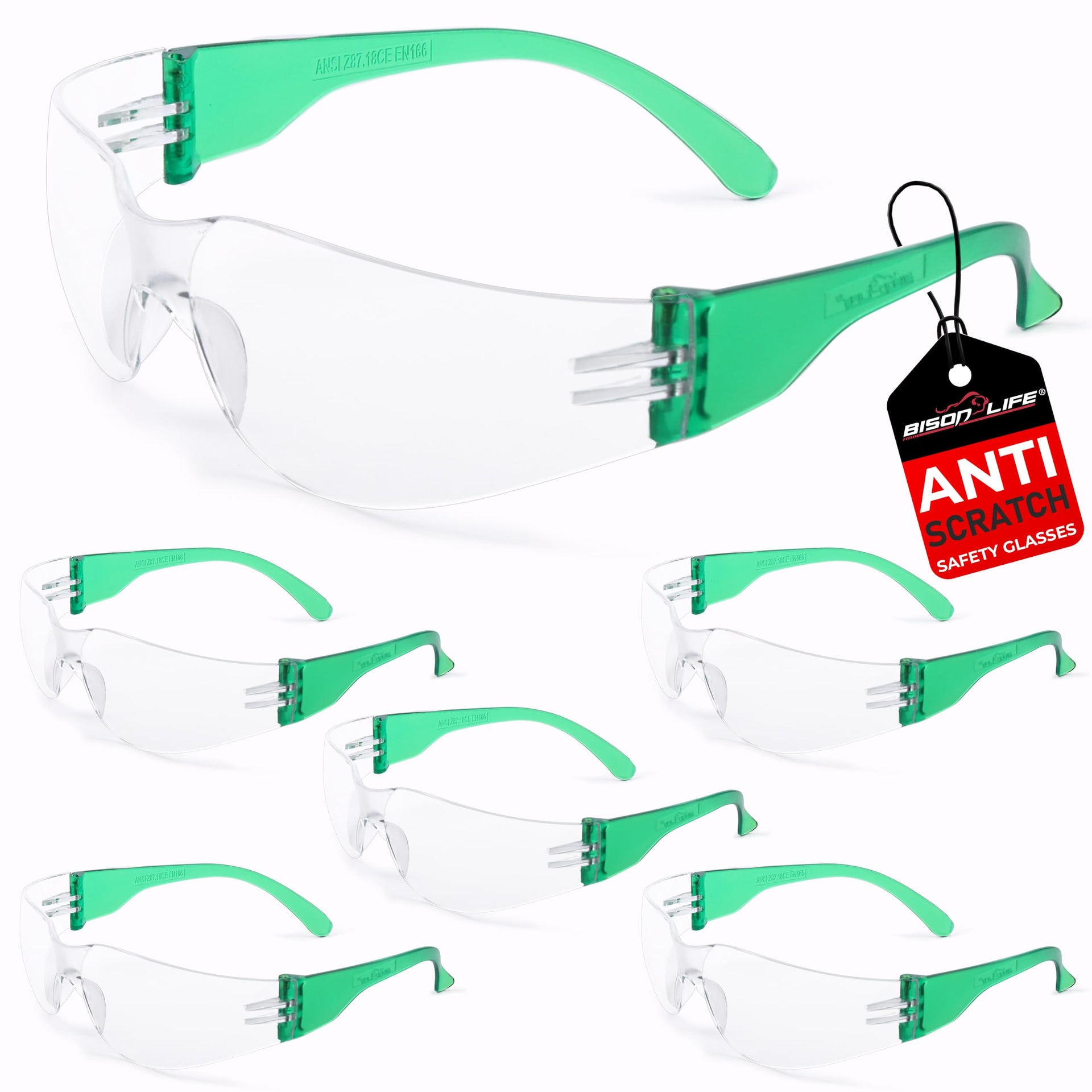 Clear Lens Green Temple Safety Glasses Bulk 6 Pack (6 Count)