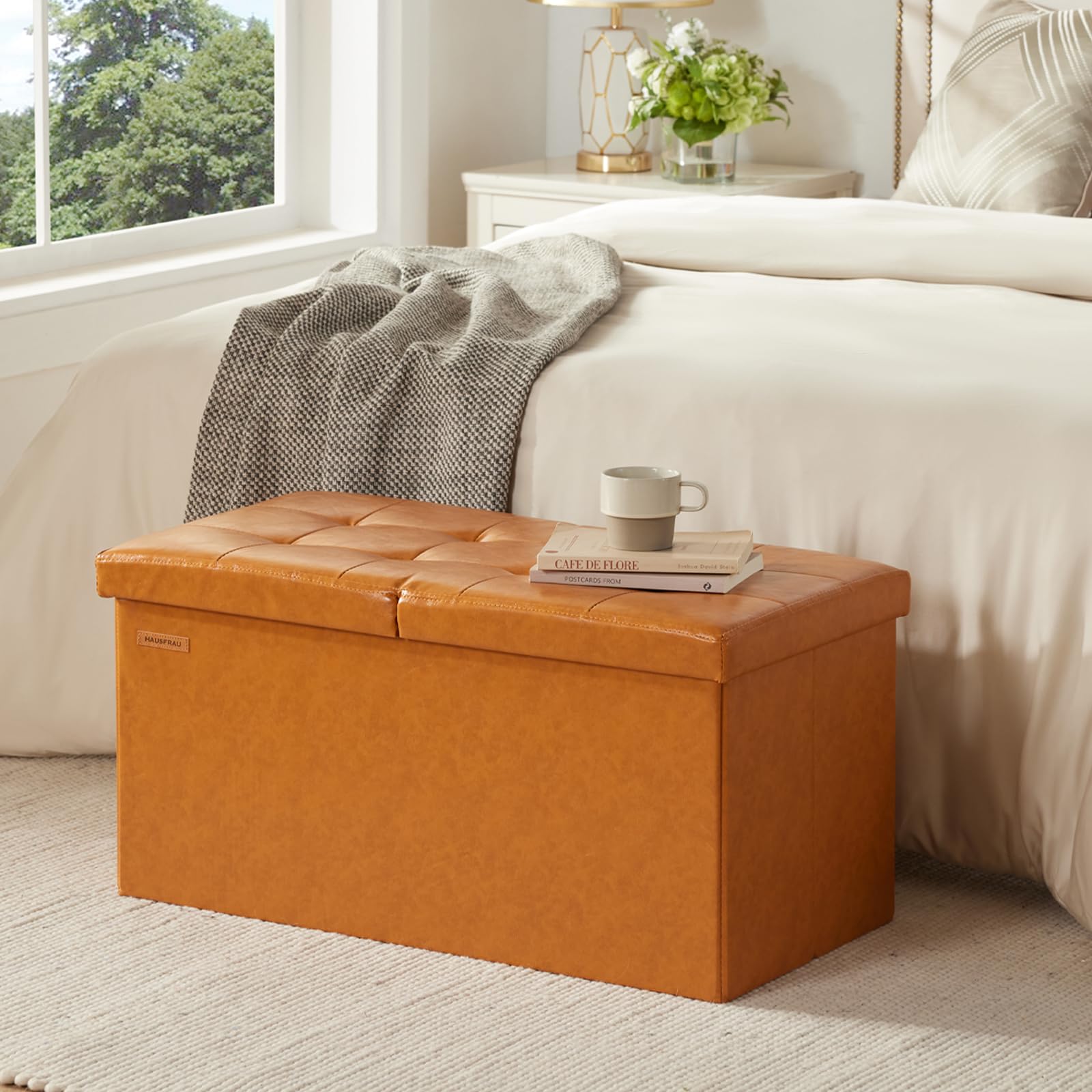 Ottoman with Storage Bench Folding Foot Rest Stool Cognac Brown