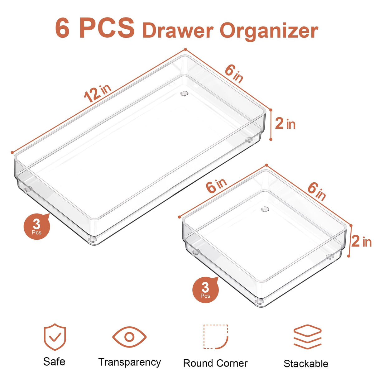 6 PCS Clear Plastic Kitchen Large Size Drawer Organizers Set (6 Count)