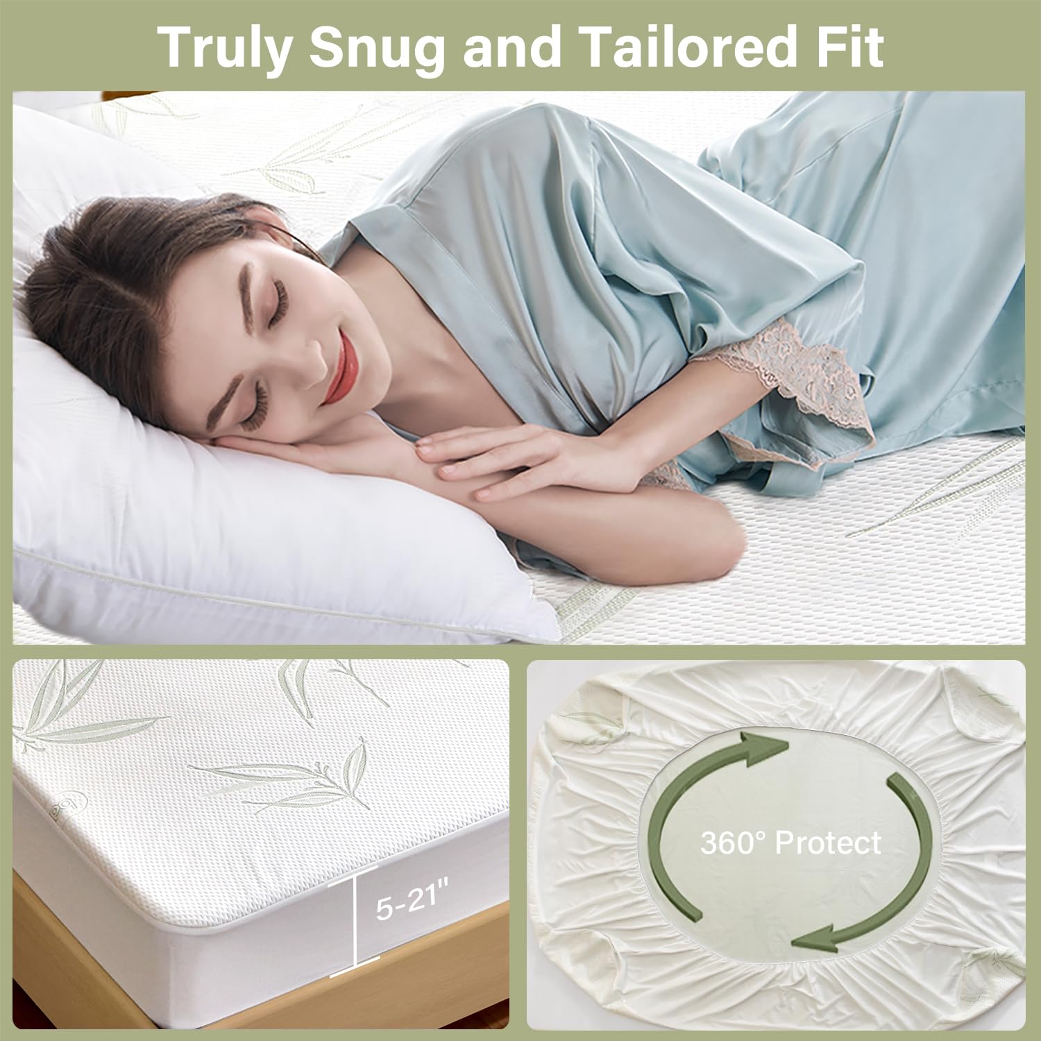 Full Size Mattress Protector Waterproof Mattress Pad Washable Bamboo Rayon Mattress Cover Breathable Noiseless Bed Protector 5"