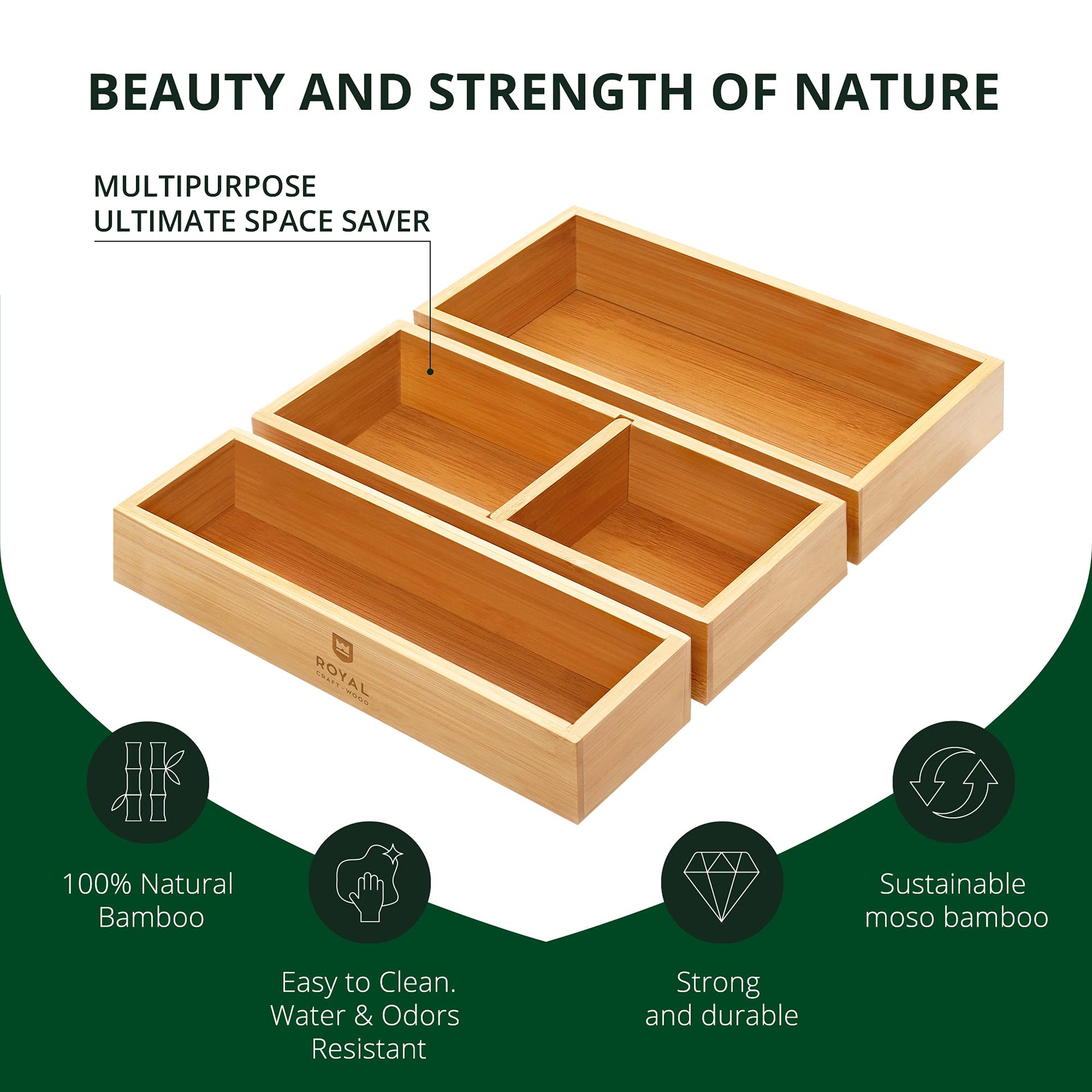 Luxury Bamboo Drawer Organizer Storage Box (3 Count)
