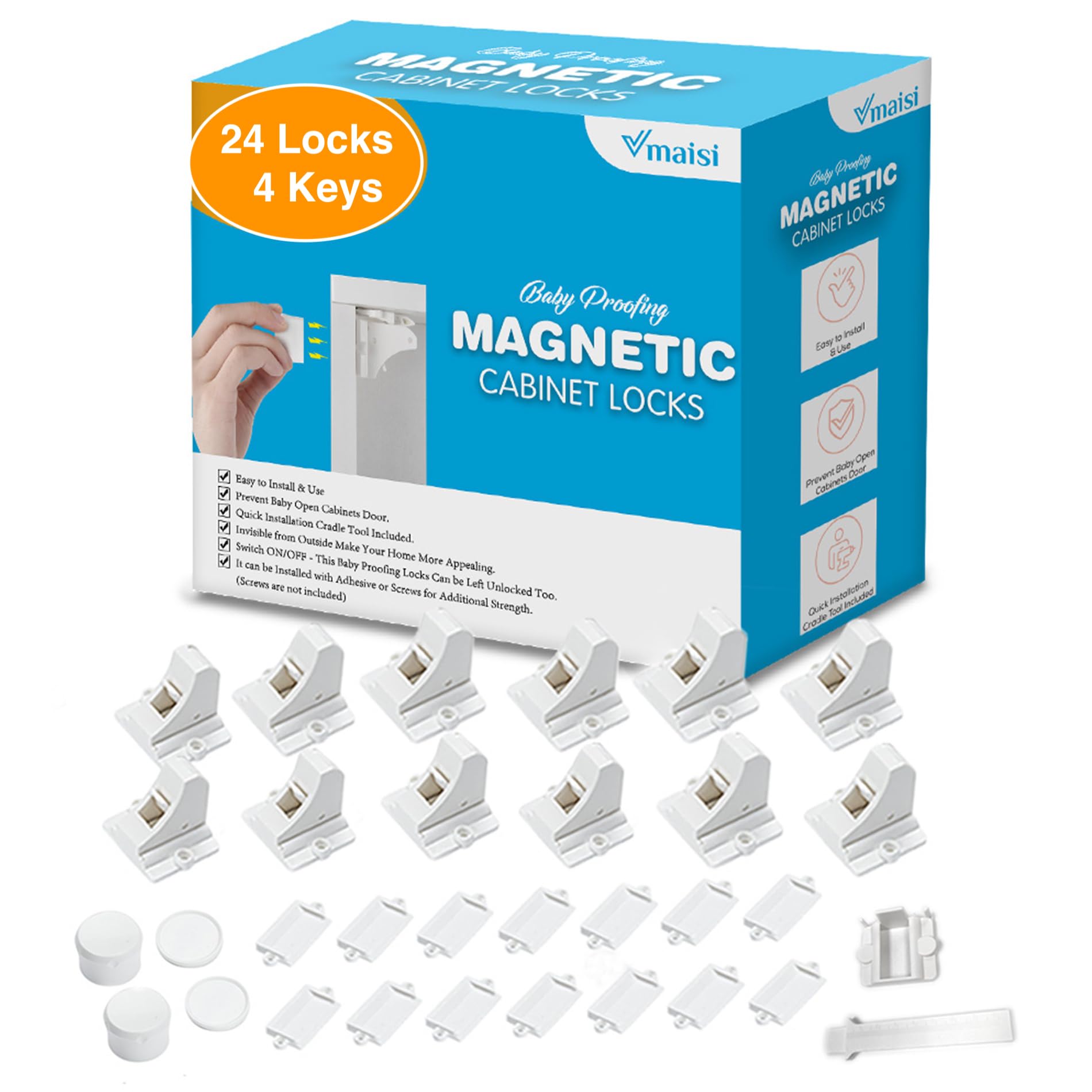 Adhesive Magnetic Locks for Cabinets & Drawers (24 Count)