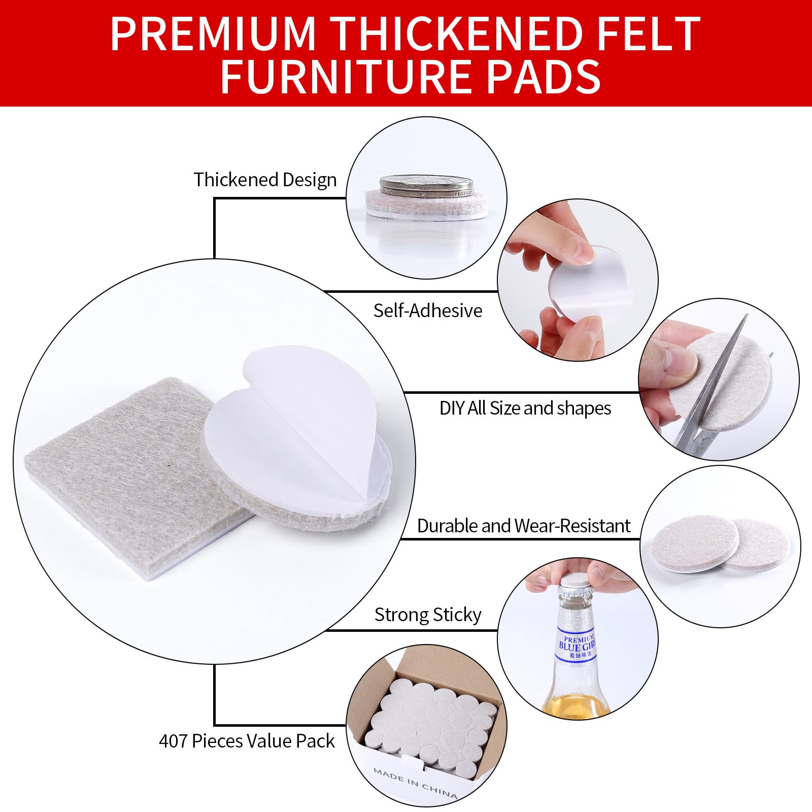 407Pcs Felt Chair Leg Pads Floor Protectors for Hardwoods Floors (407 Count)