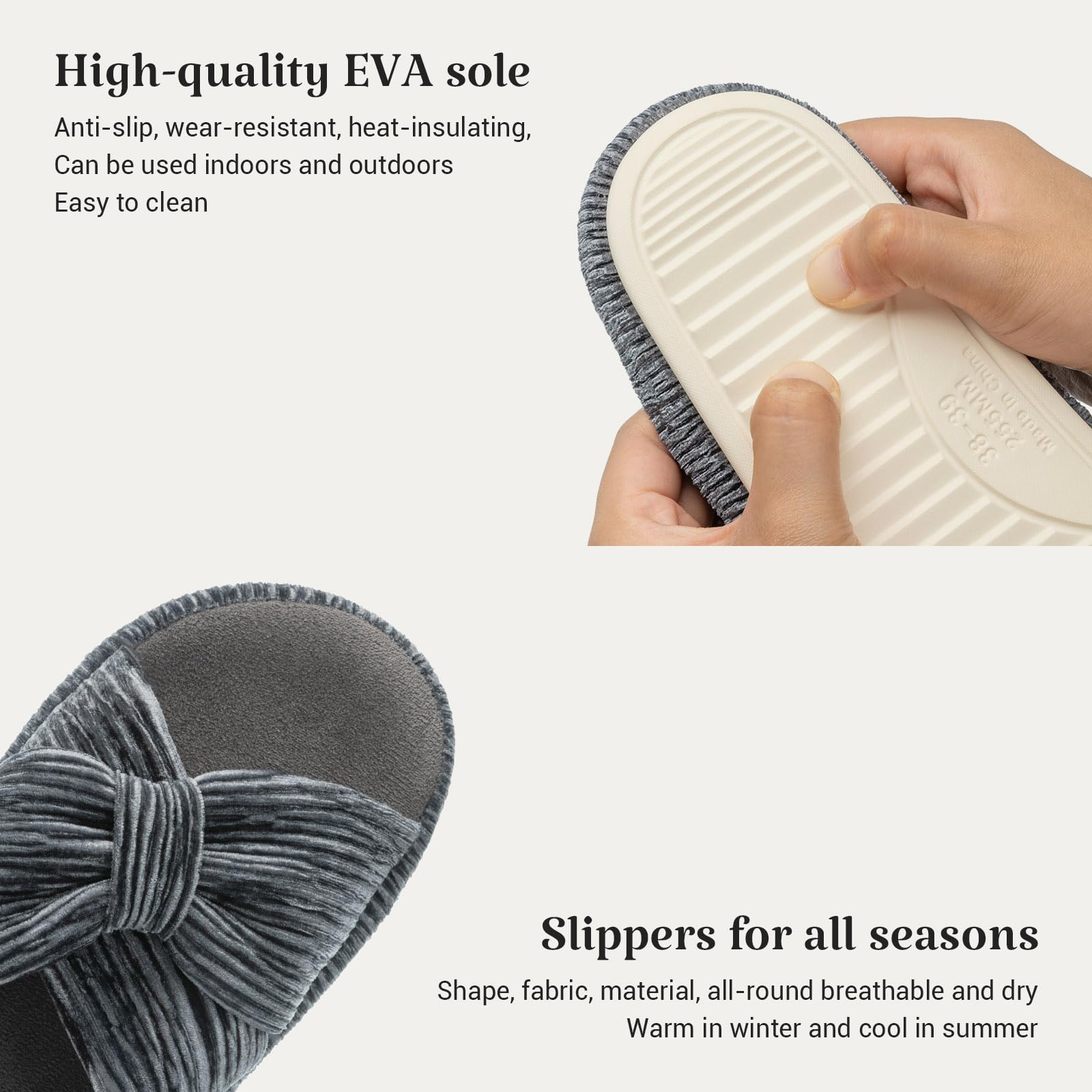 Slippers for Women Memory Foam House Bedroom Bow Crossbands Pearlescent Slipper Shoes Comfy Trendy Gift Slippers Grey Size 7 8 6.5