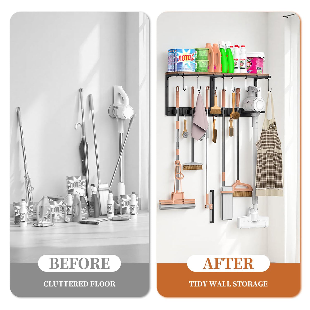 3-in-1 Broom Holder Wall Mount Broom and Mop Organizer Wall Hanging