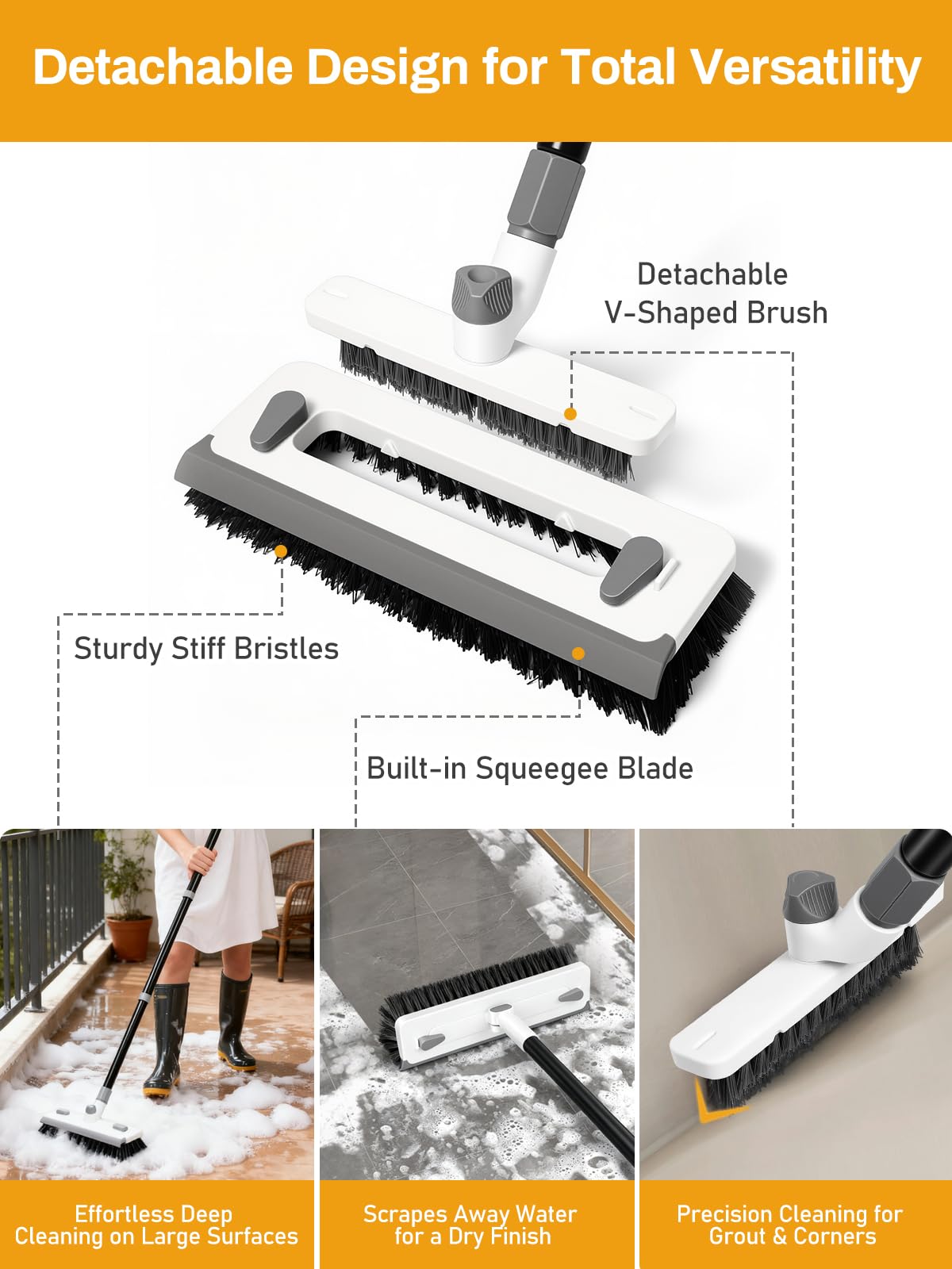 3 in 1 Floor Scrub Brush with Long Handle 55" Push Broom Stiff Bristle Scrubber Brush Squeegee Scrape & Detachable V