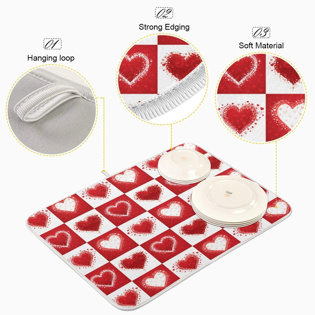 Valentine's Day Love Heart Red Buffalo Plaid Dish Drying Mat 16x18 for Kitchen Mother's Day Rose Pink Flowers Dishes Pad Dish Drainer Rack Mats Absorbent Fast Dry Kitchen Accessories