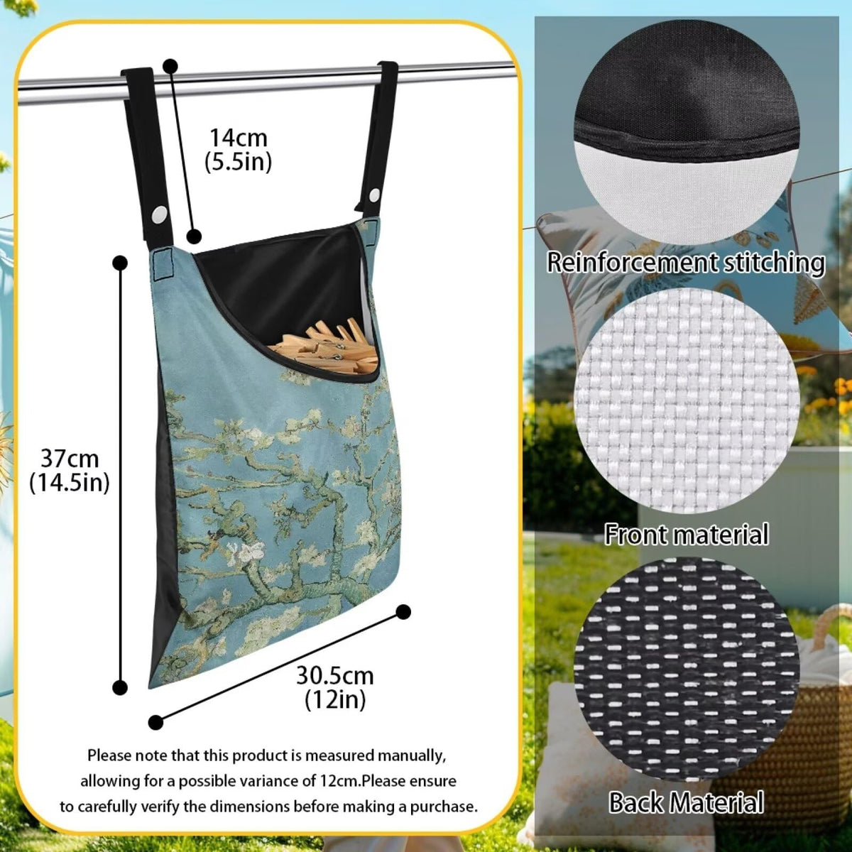 Almond Blossom Print Max Capacity Clothespin Storage Bag 14.5x12in