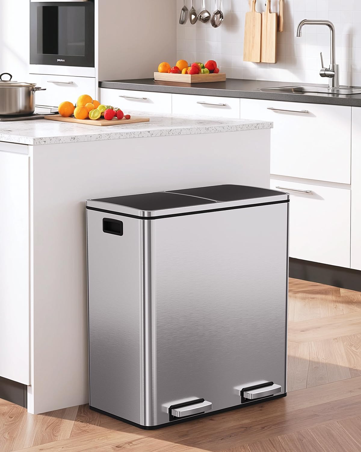 60L(16 Gal) Dual Trash Can, Stainless Steel Kitchen Garbage Can