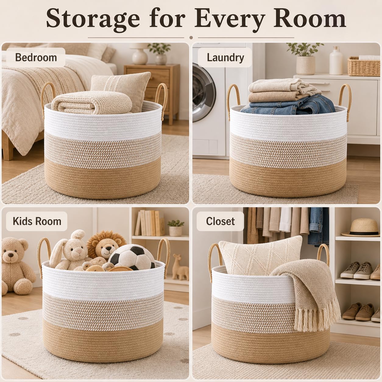 65L Extra Large Machine Washable Cotton Rope Blanket Basket