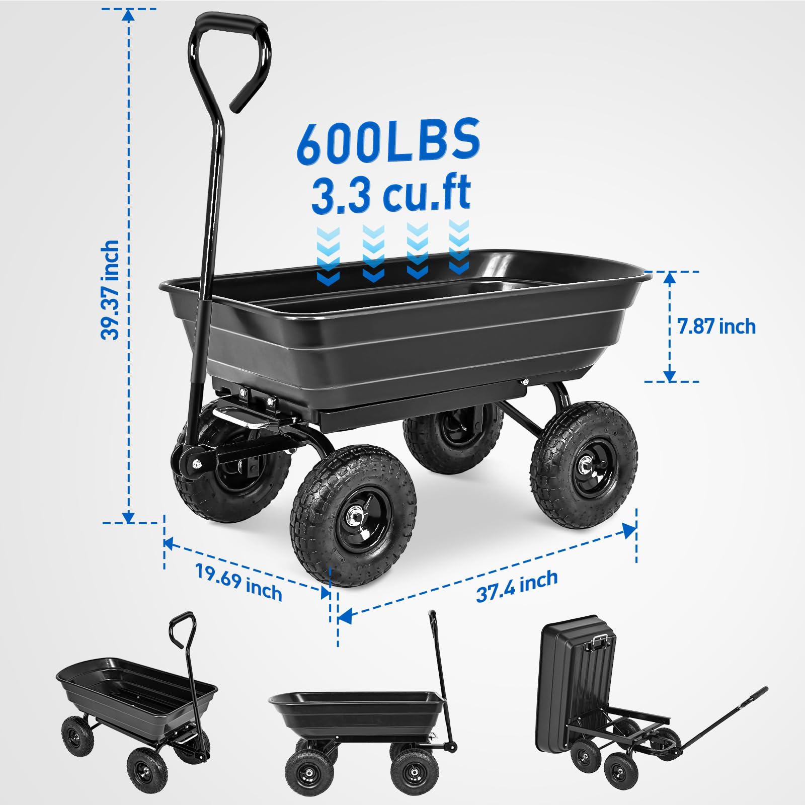 Garden Carts 600lbs Dump Wagon with All Terrain Inflatable Wheels for Yard Lawn Farms Gardening