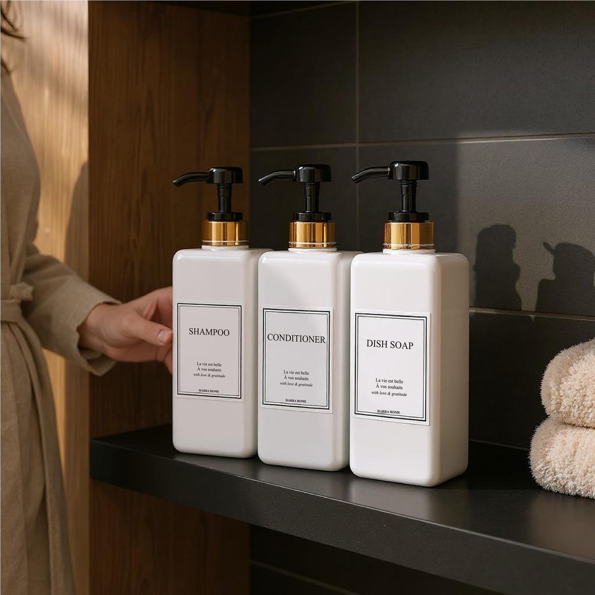 Modern Gold Design Shampoo and Conditioner Dispenser (3 Count)
