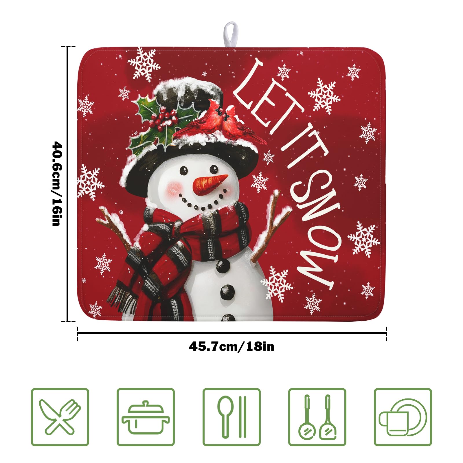 Merry Christmas Dish Drying Mat for Kitchen Counter 16x18 Inch Winter Snowman Dish Draining Mat Xmas Snowflakes Decorations Fast Absorbent Tableware Cardinal Birld Dishes Pad for Coffee Bar Countertop