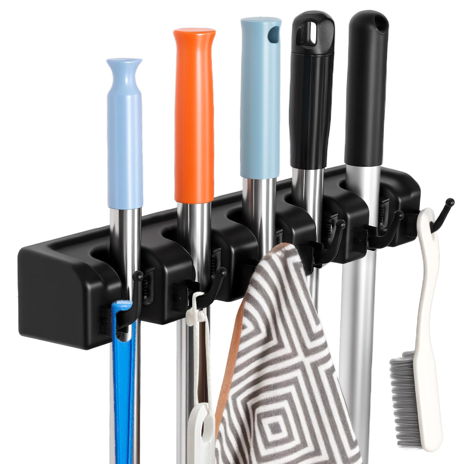 Wall Mount Broom Holder 5 Slots 6 Hooks Mop Organizer Rack