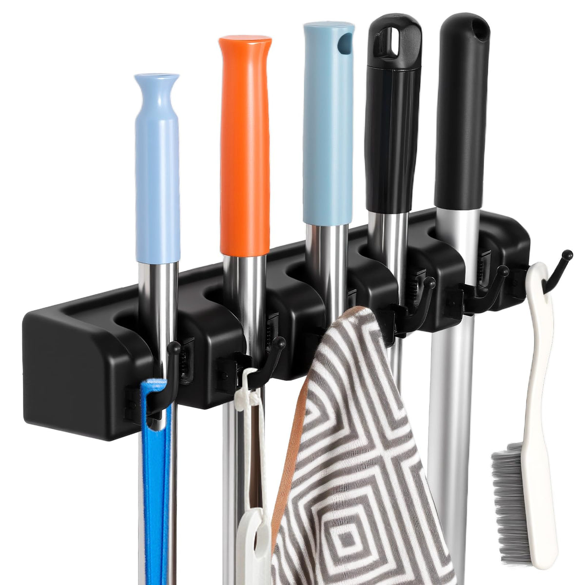Wall Mount Broom Holder 5 Slots 6 Hooks Mop Organizer Rack