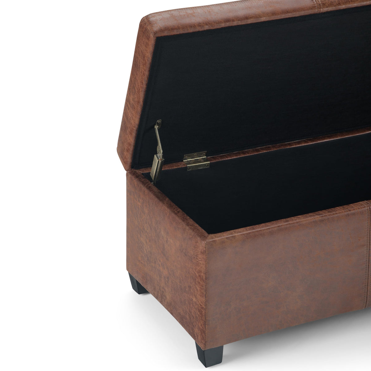 Avalon 48" Wide Vegan Leather Storage Ottoman in Saddle Brown