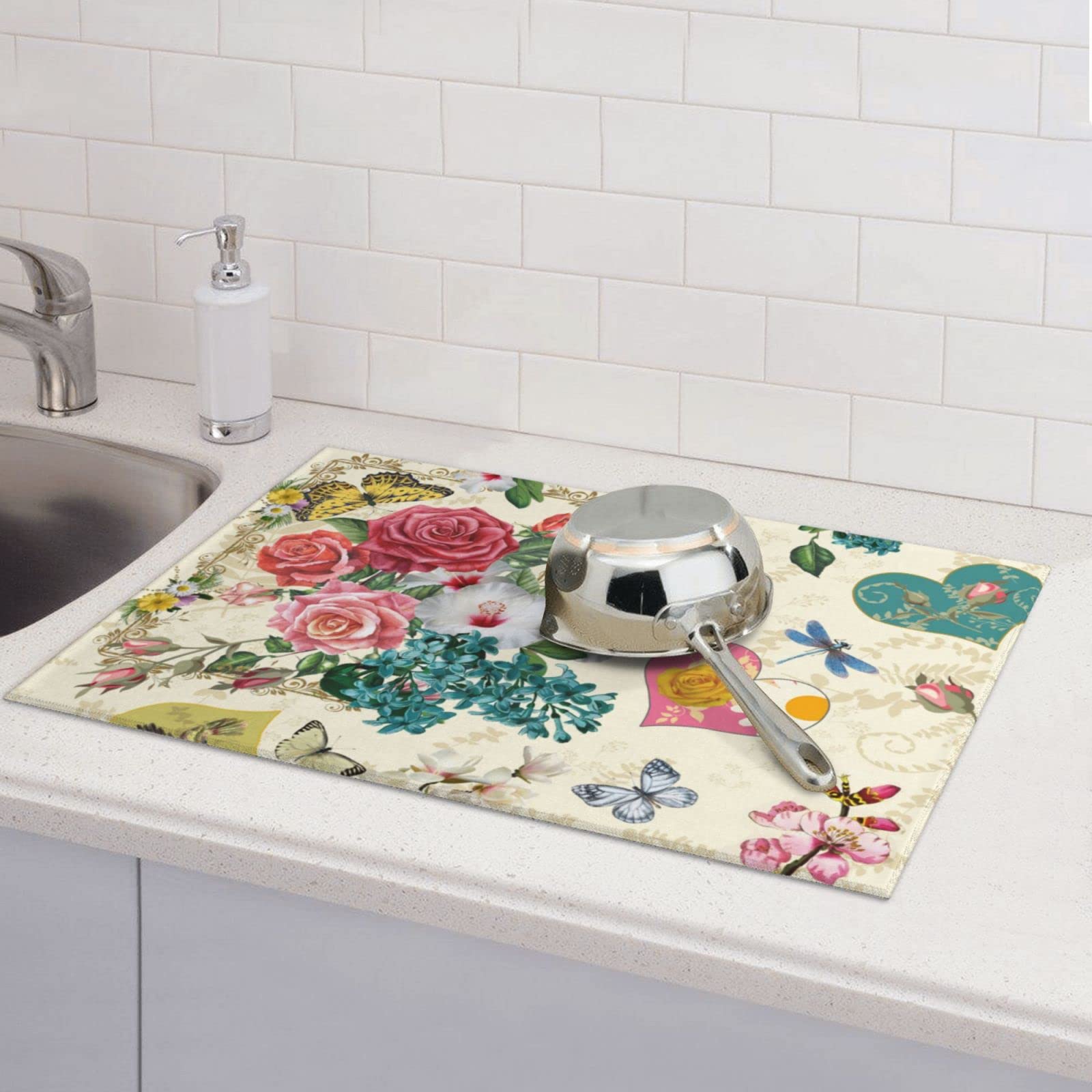 Beautiful Boho Flowers Dish Drying Mat For Kitchen Counter 18 X 24 Inch Absorbent Reversible Drainer