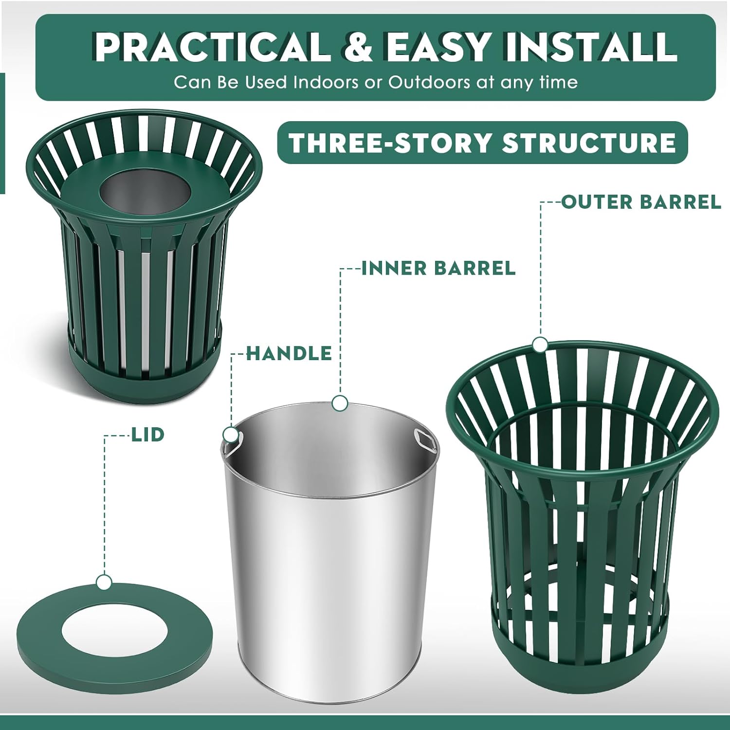 Round Heavy Duty Outdoor Trash Can, Large Metal Slatted Garbage Can for All Weather Resistant, Commercial Garbage Cans, Waste Receptacle in Park, Beach, Patio (Green, Medium)
