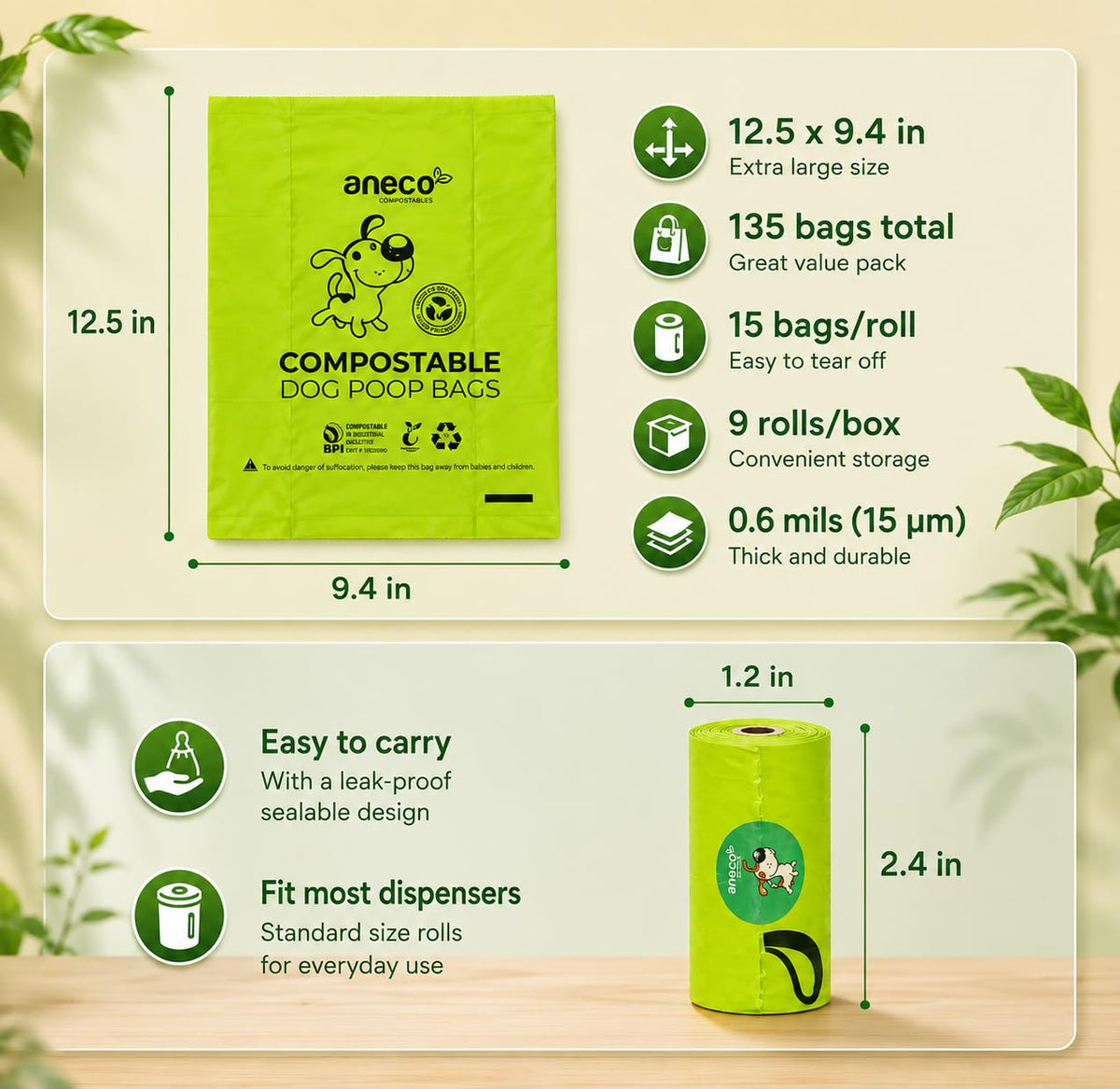 100% Certified Home Compostable Dog Poop Bags (135 Count)
