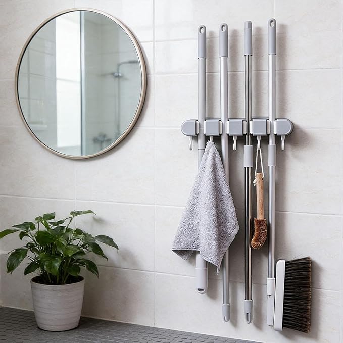 Mop and Broom Storage Rack, Space Saving Broom Hanger for Closet, Garage Organizer Storage, Basement Tool