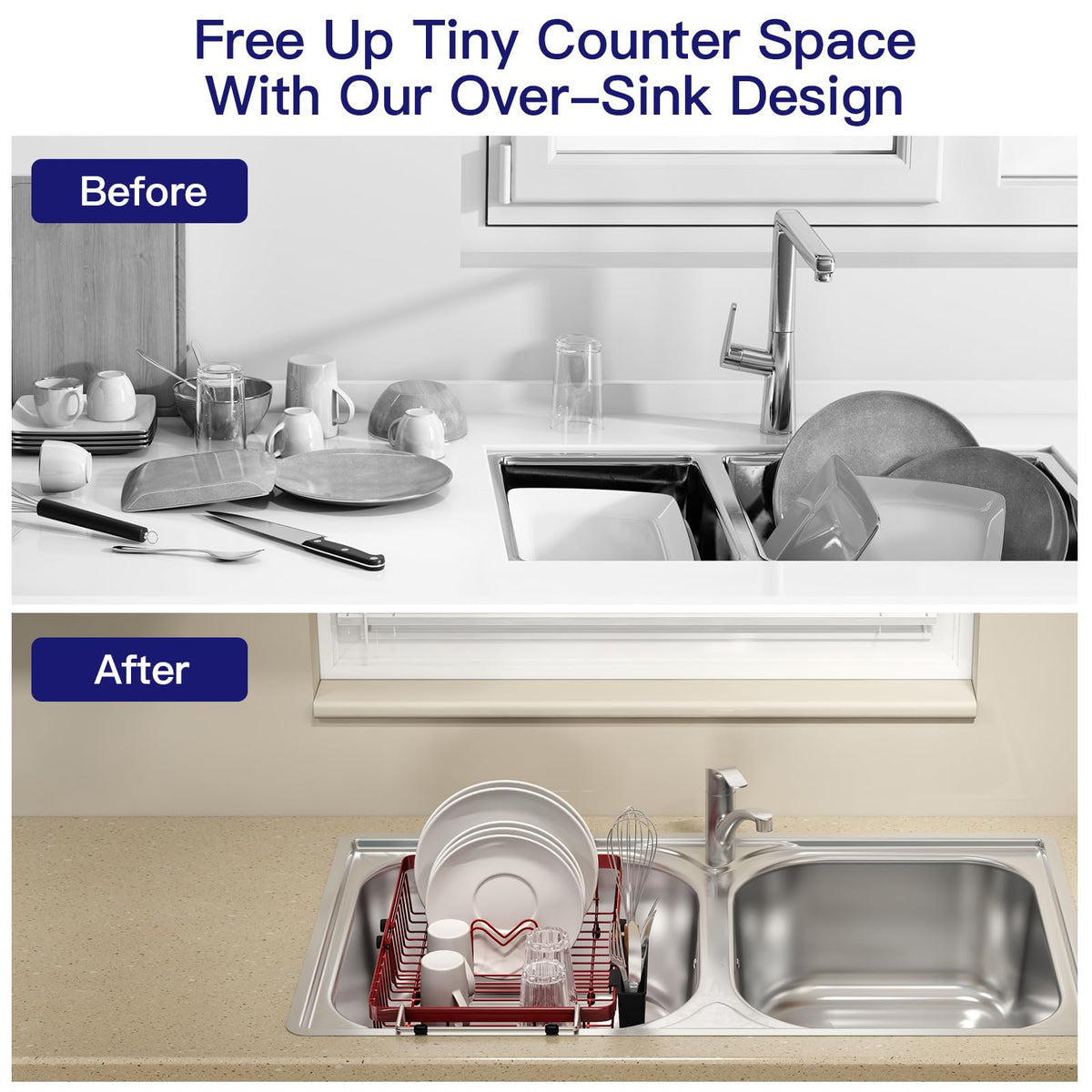 Red Dish Drying Rack Over The Sink with Utensil Holder