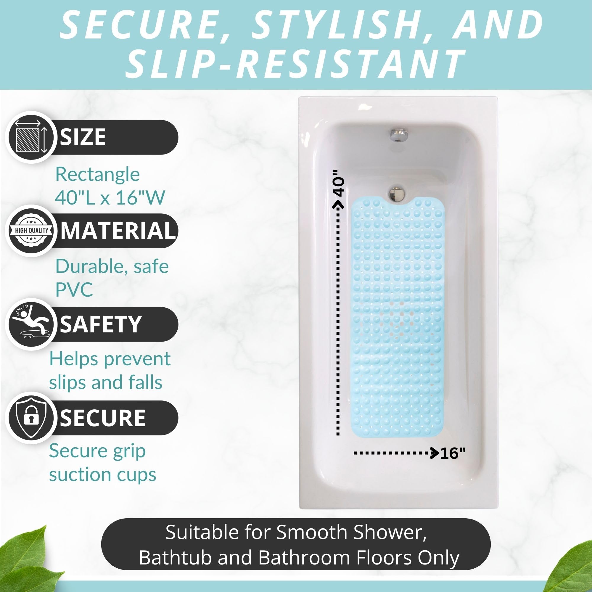 Non Slip Bath & Shower Mat 40x16 Extra Long
