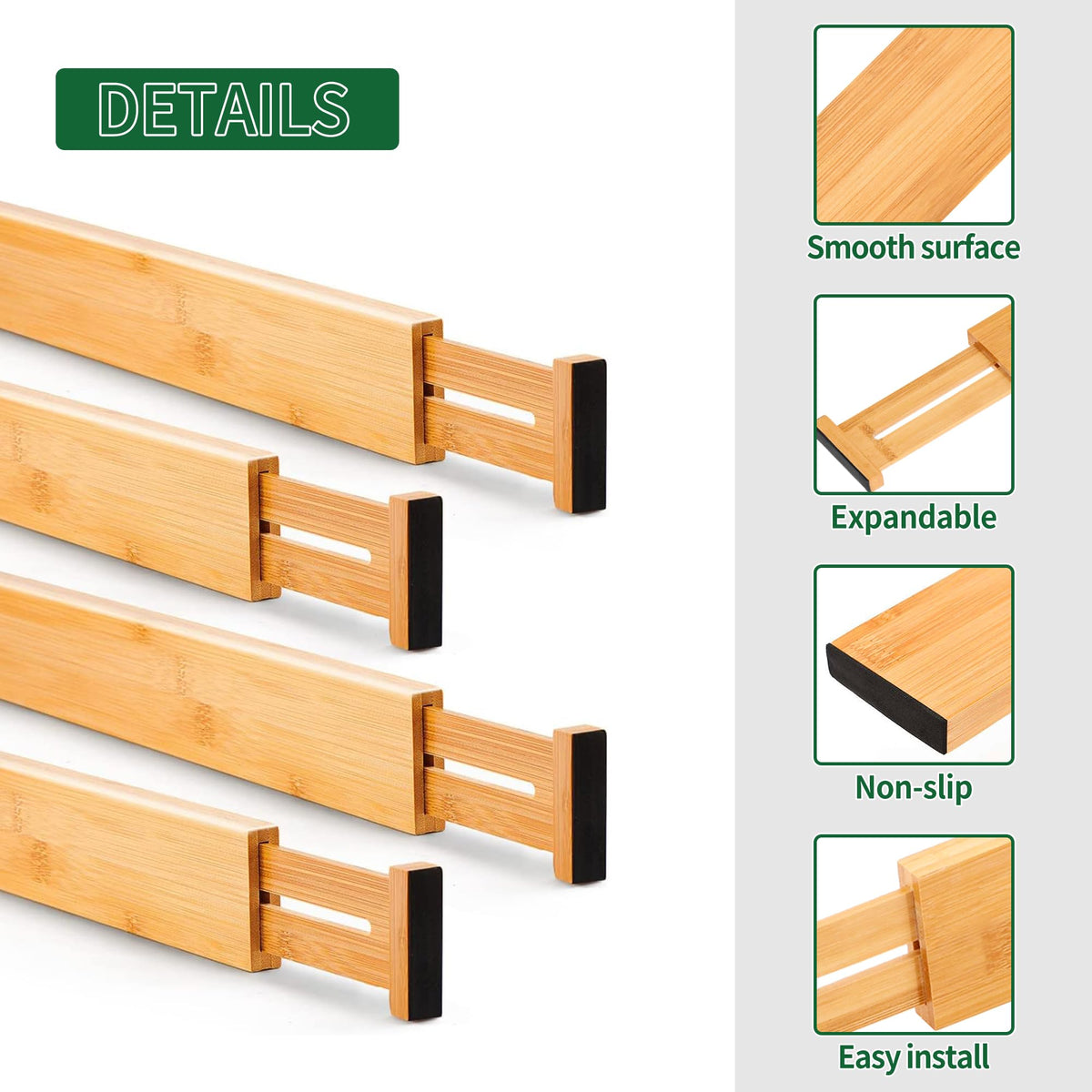4 Pcs Bamboo Kitchen Drawer Dividers