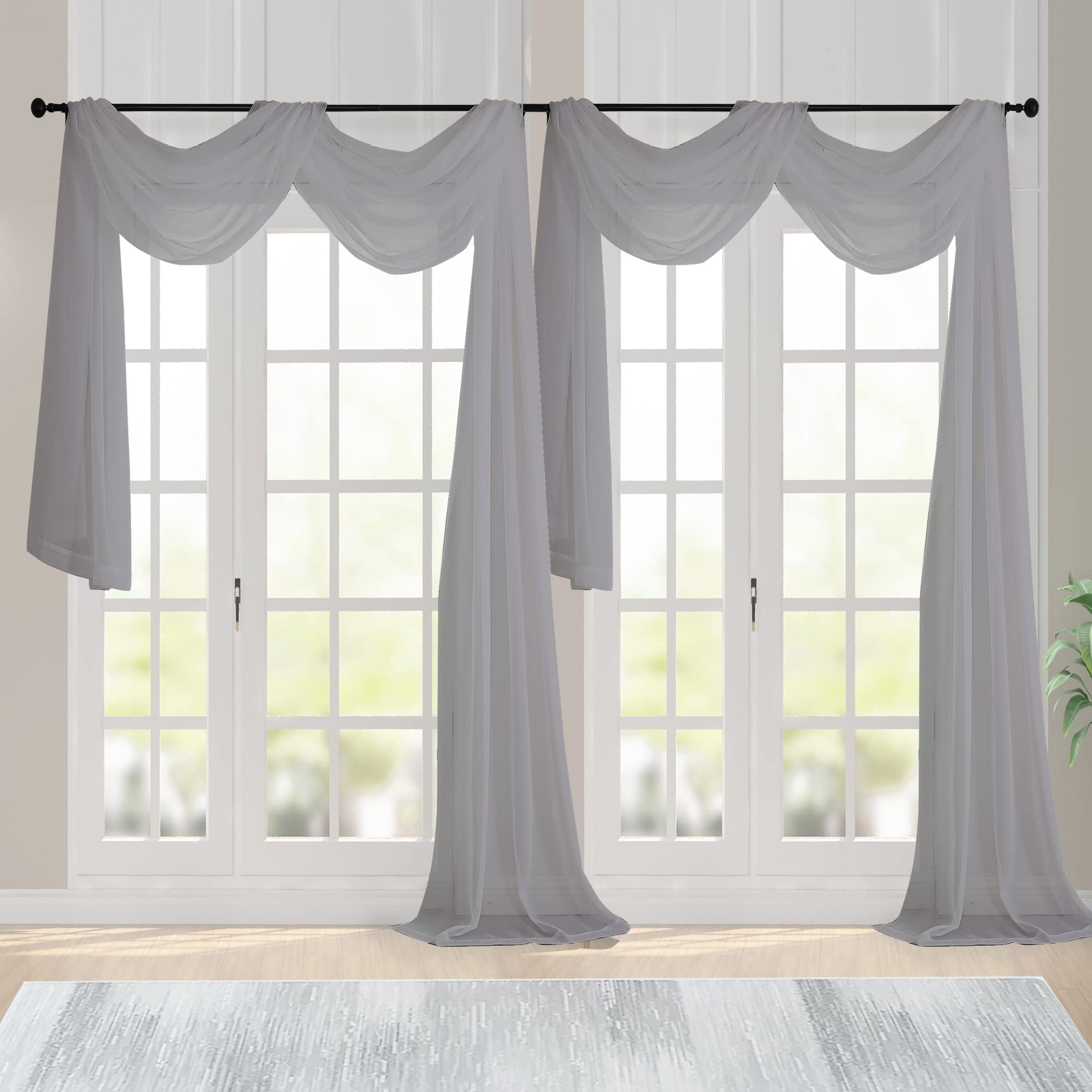 Charcoal Grey Sheer Scarf Valances for Windows 216 Inch Extra Long (2 Count)