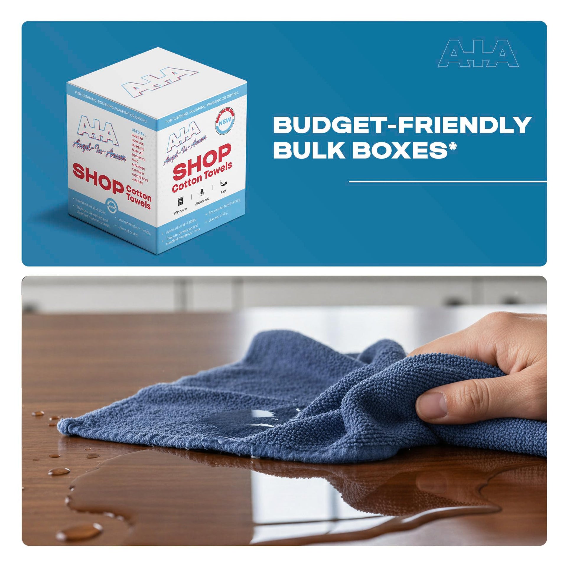 Angel-in-Armor Blue Shop Towels (14”x14”) – 500 Unit Box of Lint-Free Cotton Shop Towel Cleaning Rags – Durable Shop Rags for Auto, Garage, Industrial, and Commercial Use (500 Count)
