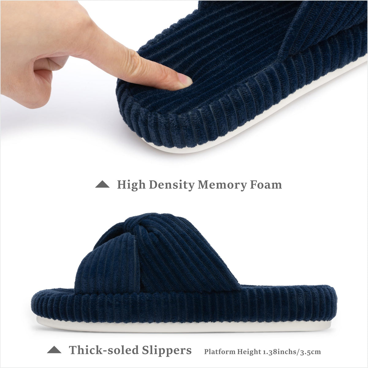 Slippers for Women Memory Foam House Bedroom Corduroy Bow Crossbands Slipper Shoes Comfy Trendy Gift Slippers Navy Blue Size 11 12 10.5