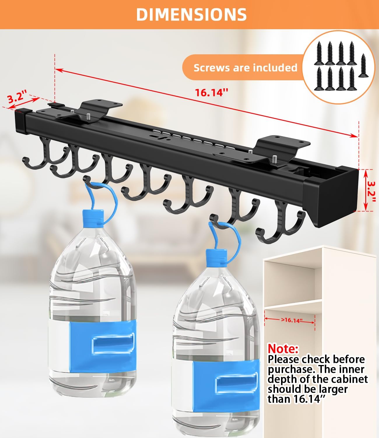 Pull Out Broom Holder With Adjustable Double Row Sliding Hook