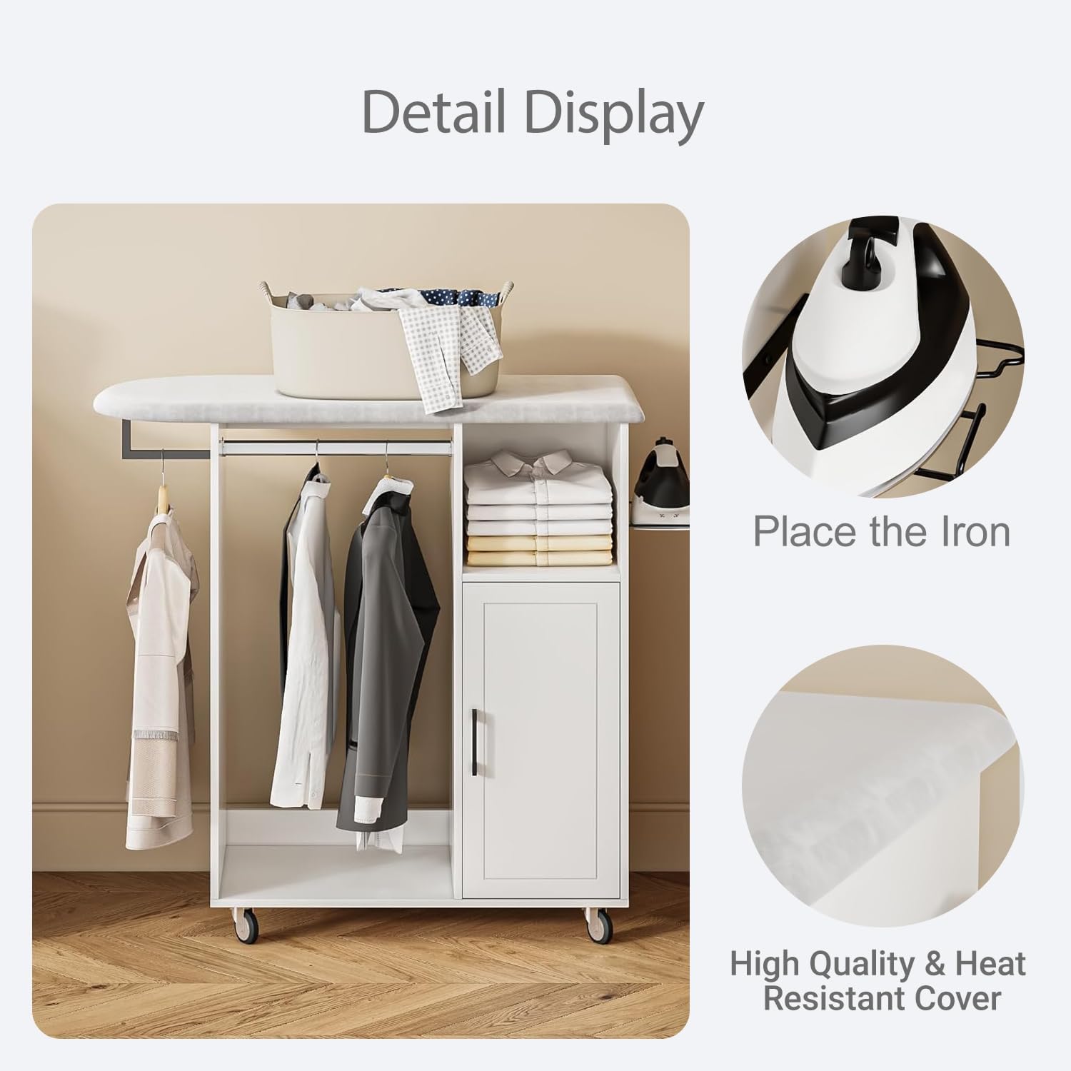 Rolling Ironing Board with Storage Cabinet