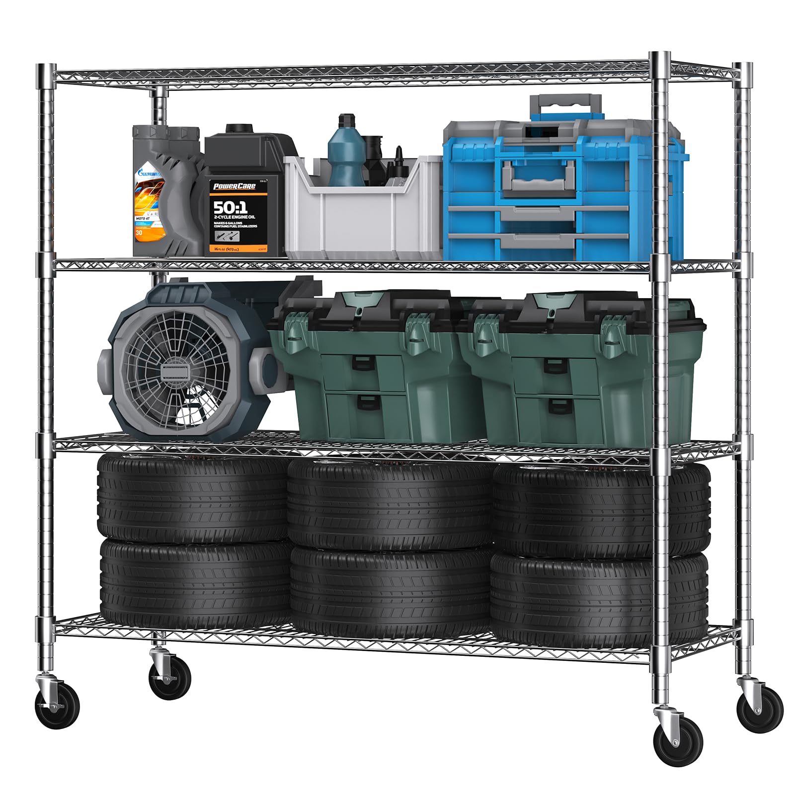 72" H Storage Shelves 4 Tier Metal Shelving Adjustable Wire Shelf with Wheels
