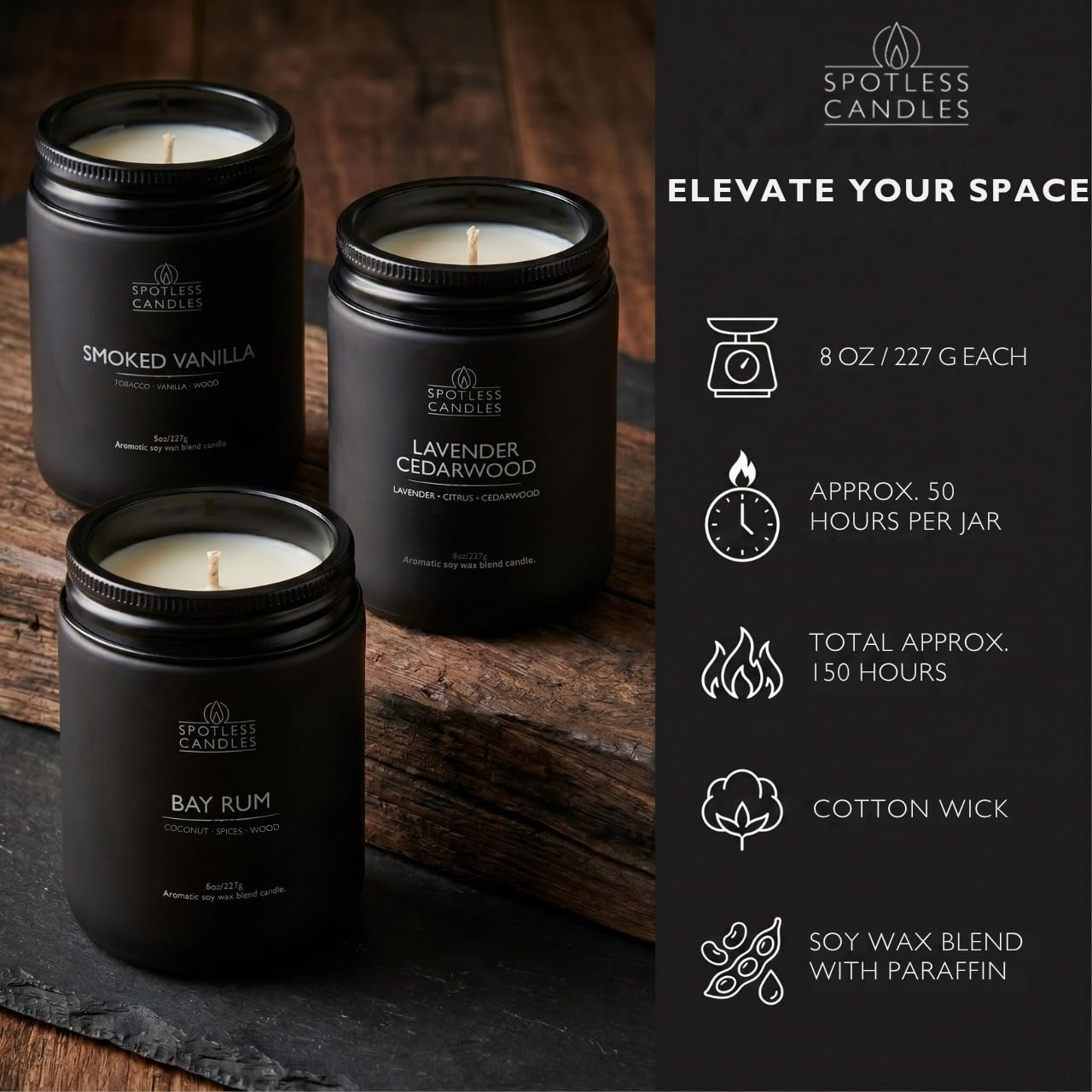 Mens Candle 3 x 8oz Pack Smoked Vanilla Bay Rum and Lavender Cedarwood Scents (3 Count)