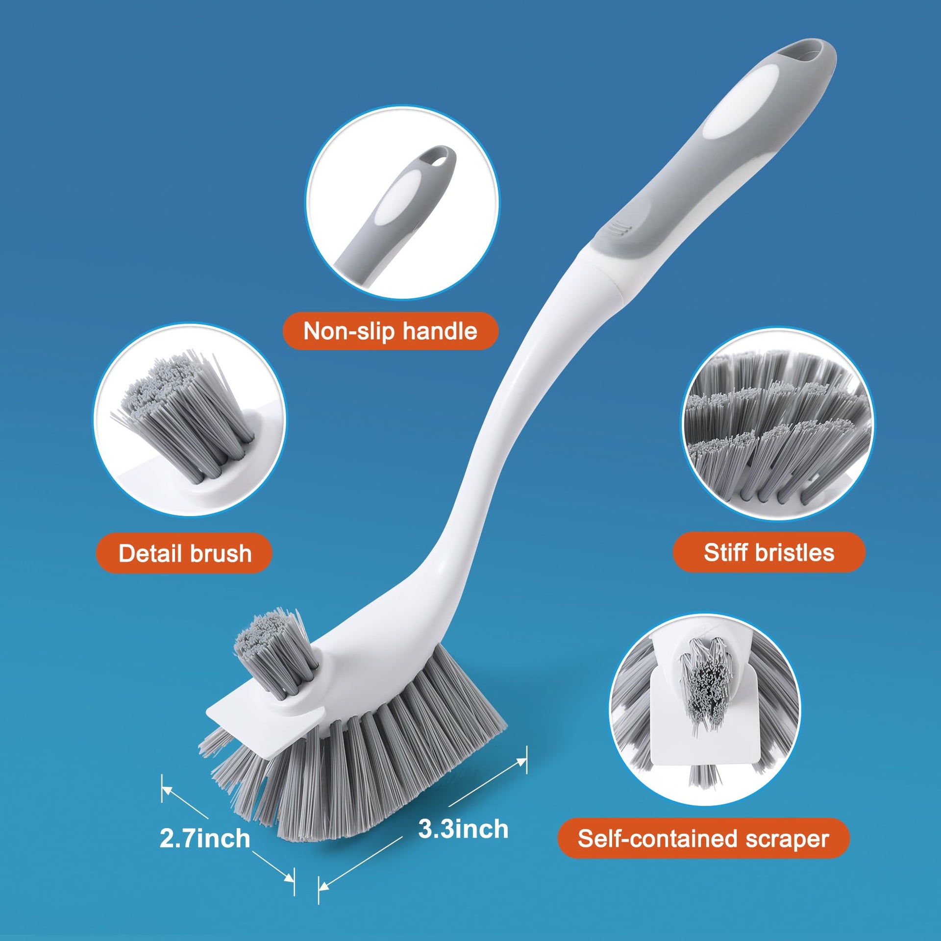 4 Pack Heavy Duty Dish Scrub Brushes with Long Handle (4 Count)