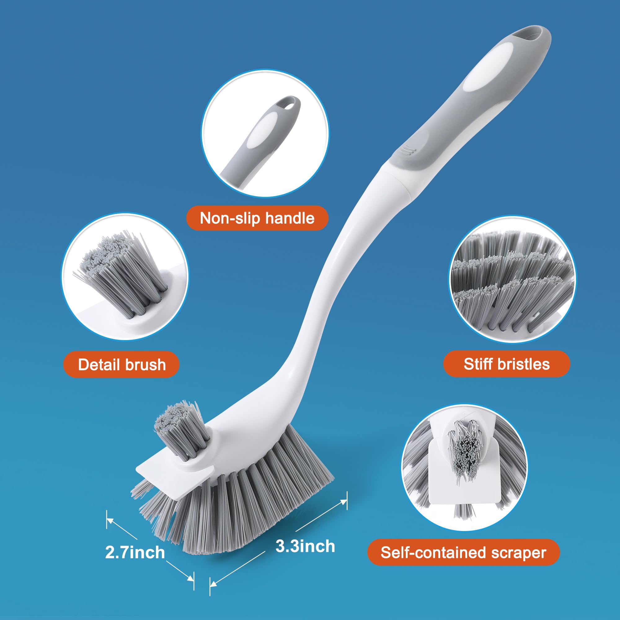 4 Pack Heavy Duty Dish Scrub Brushes with Long Handle (4 Count)