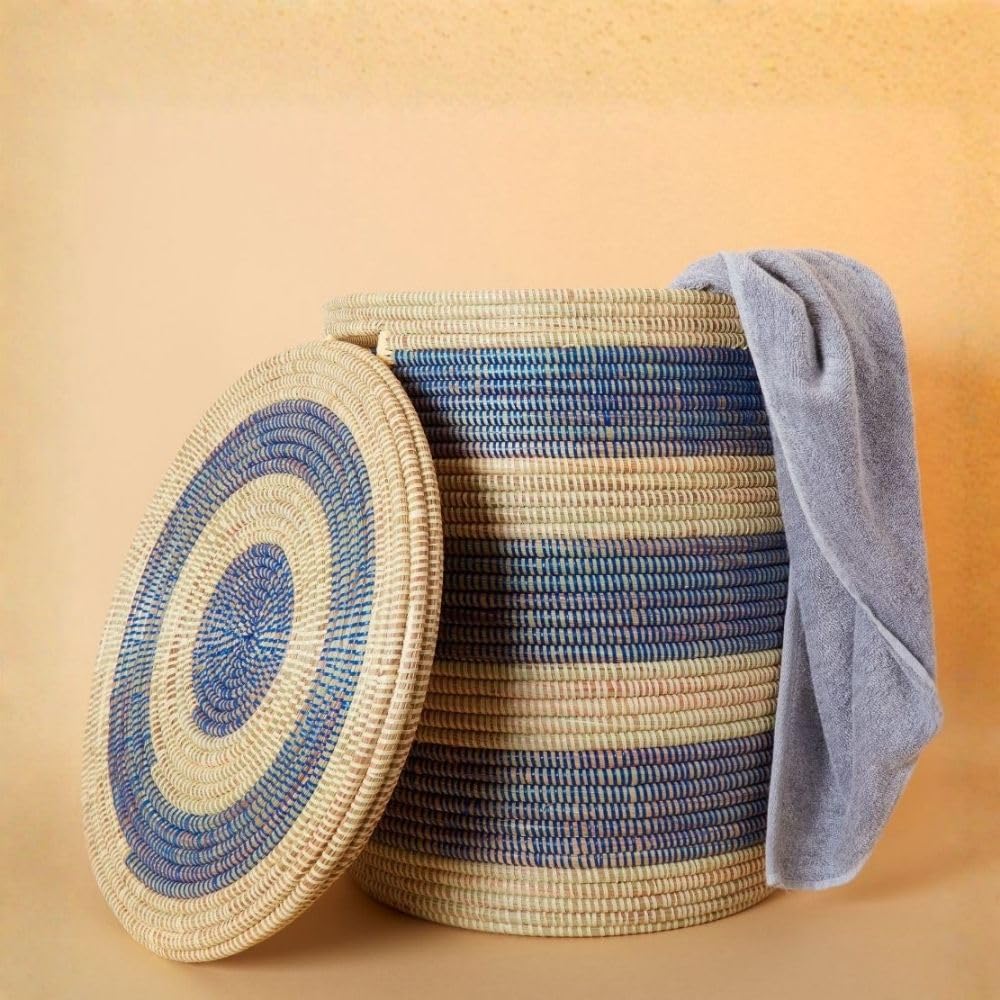 Blue African Woven Hamper with Lid
