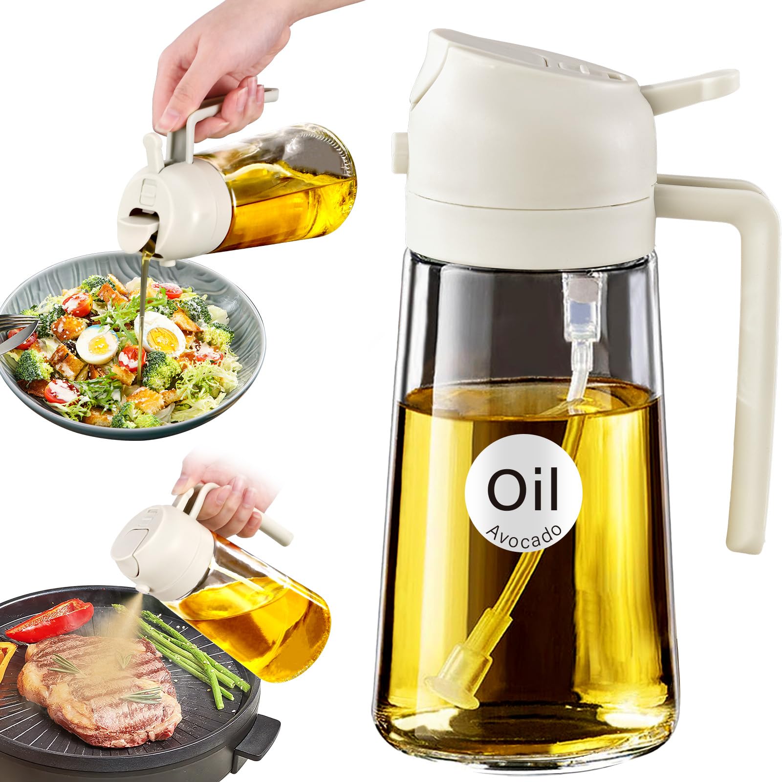 16 oz 2-in-1 Glass Olive Oil Sprayer for Cooking, Creamy White